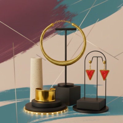 Set Gioielli Donna Oro e Rosso – Collana, Orecchini Triangolo e Bracciale