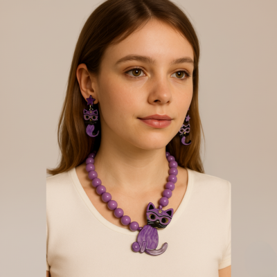 Collana e Orecchini Gatto Viola – Set Gioielli Eleganti ScaramanticaWeb