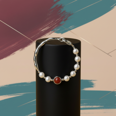 Bracciale rigido placato argento con pietre di agata e pietre bianche naturali tonde.