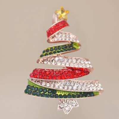 Spilla a forma di albero di Natale in lega di strass colorato.