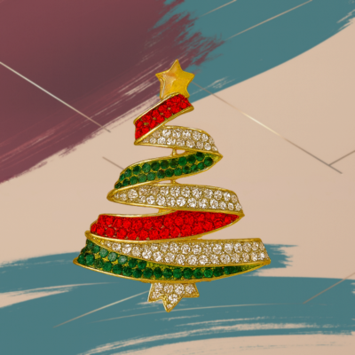 Spilla a forma di albero di Natale in lega di strass colorato.