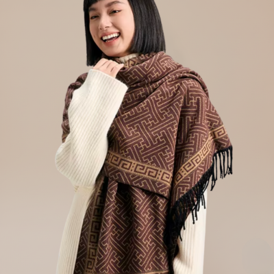 Sciarpa donna 100% Cashemere, ispessita cashemere caldo. Elegante con motivo geometrico e frange.